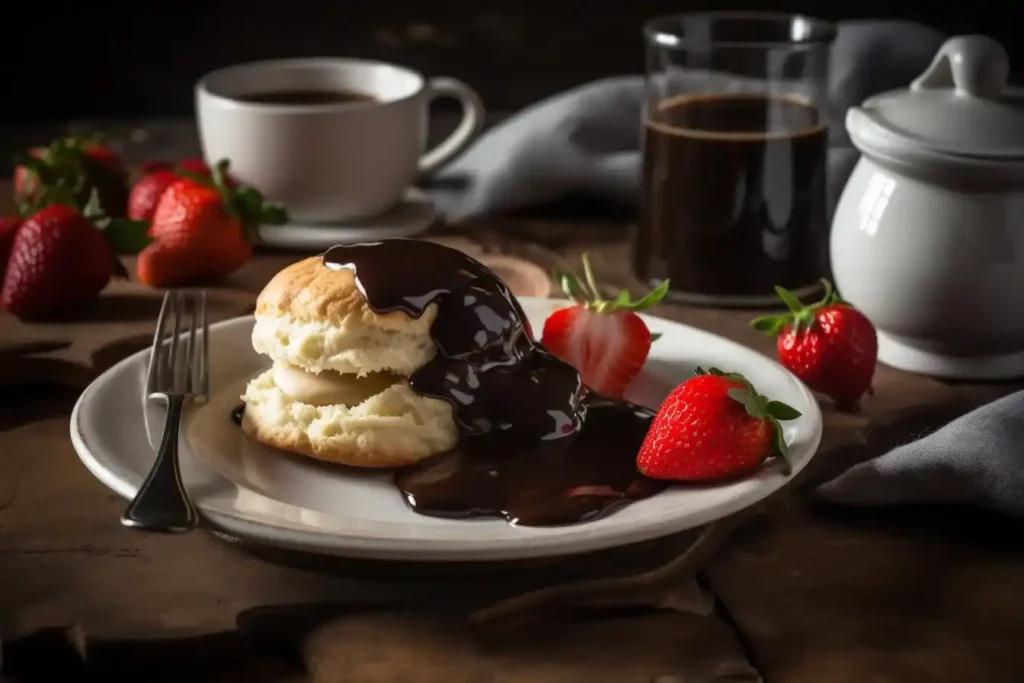A Southern breakfast with biscuits drenched in rich chocolate gravy, served with coffee and fresh strawberries.