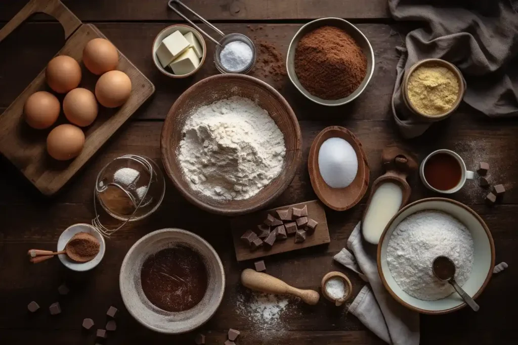 Neatly arranged chocolate gravy ingredients including cocoa powder, sugar, milk, flour, butter, and vanilla extract