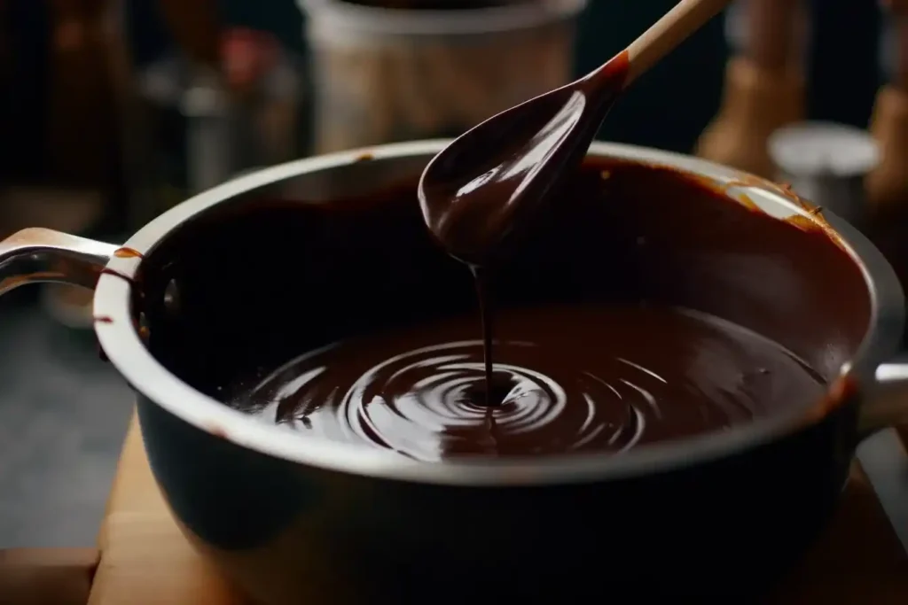 A saucepan with glossy chocolate gravy being whisked to perfection over medium heat