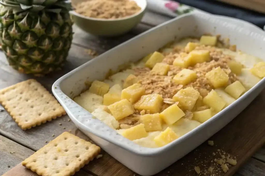 "Layering pineapple casserole with creamy mixture and crushed buttery crackers in a baking dish