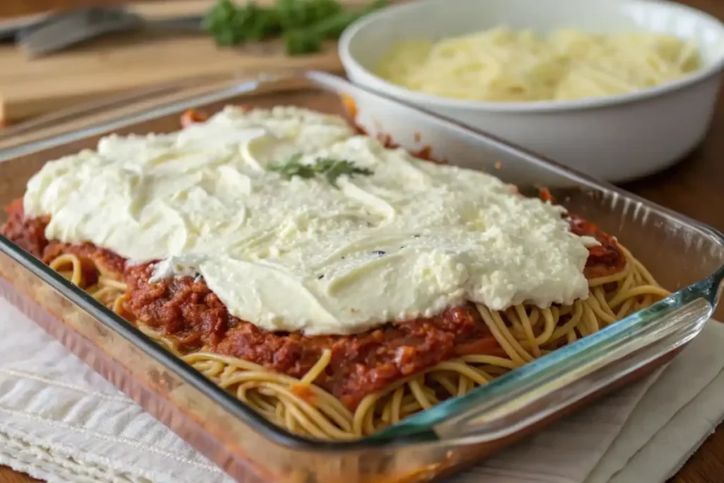 Layered spaghetti casserole with ricotta cheese spread over spaghetti in a baking dish