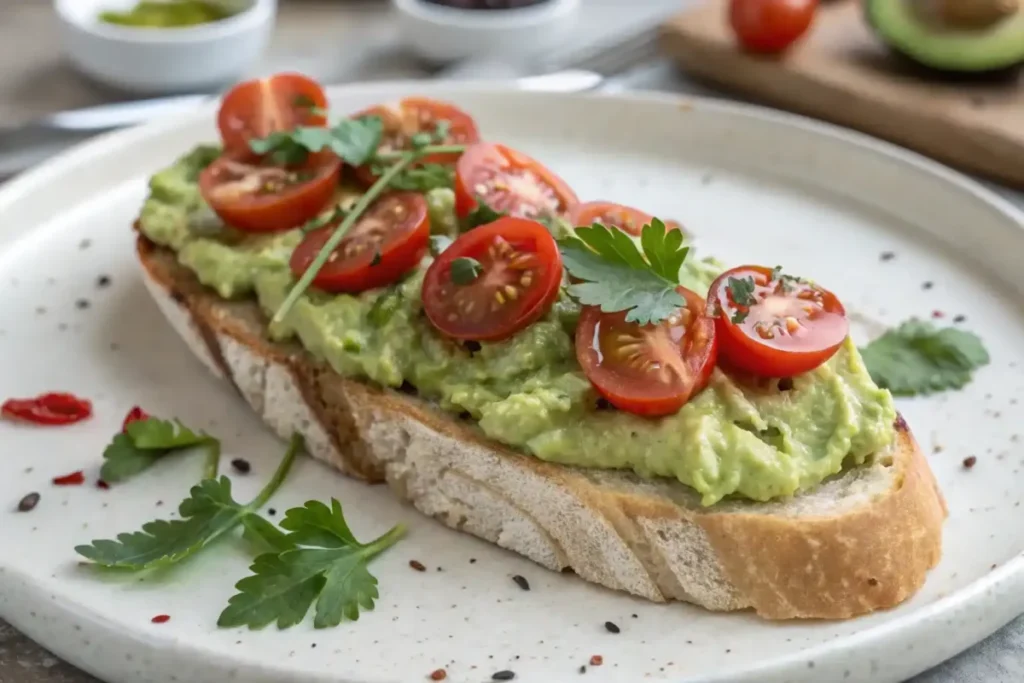 Avocado spread generously spread on toasted bread with cherry tomatoes on top