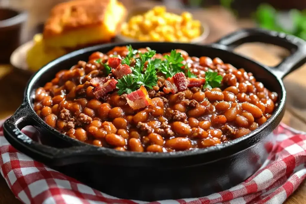 BBQ baked beans with ground beef in a cast-iron skillet, topped with crispy bacon and fresh parsley, served with cornbread on a rustic wooden table.