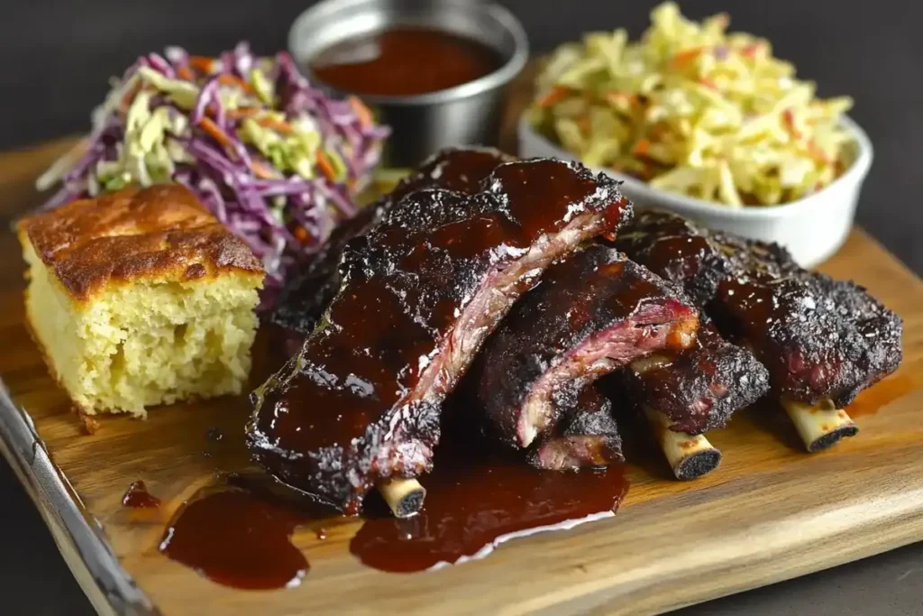 Smoky boneless beef ribs glazed with BBQ sauce, served on a wooden platter with coleslaw and cornbread.
