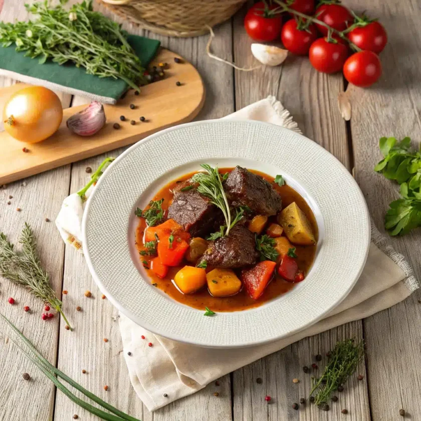 Slow-braised beef cheek meat served with vegetables