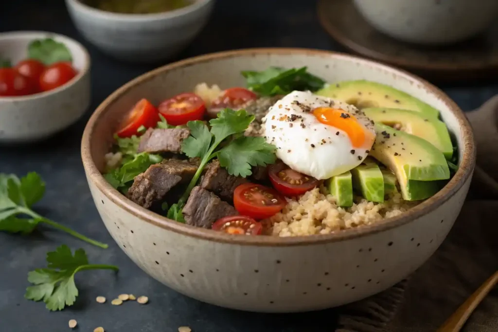 A rustic ceramic bowl filled with cooked quinoa, diced lean beef, creamy avocado slices, halved cherry tomatoes, and a perfectly poached egg, garnished with fresh herbs
