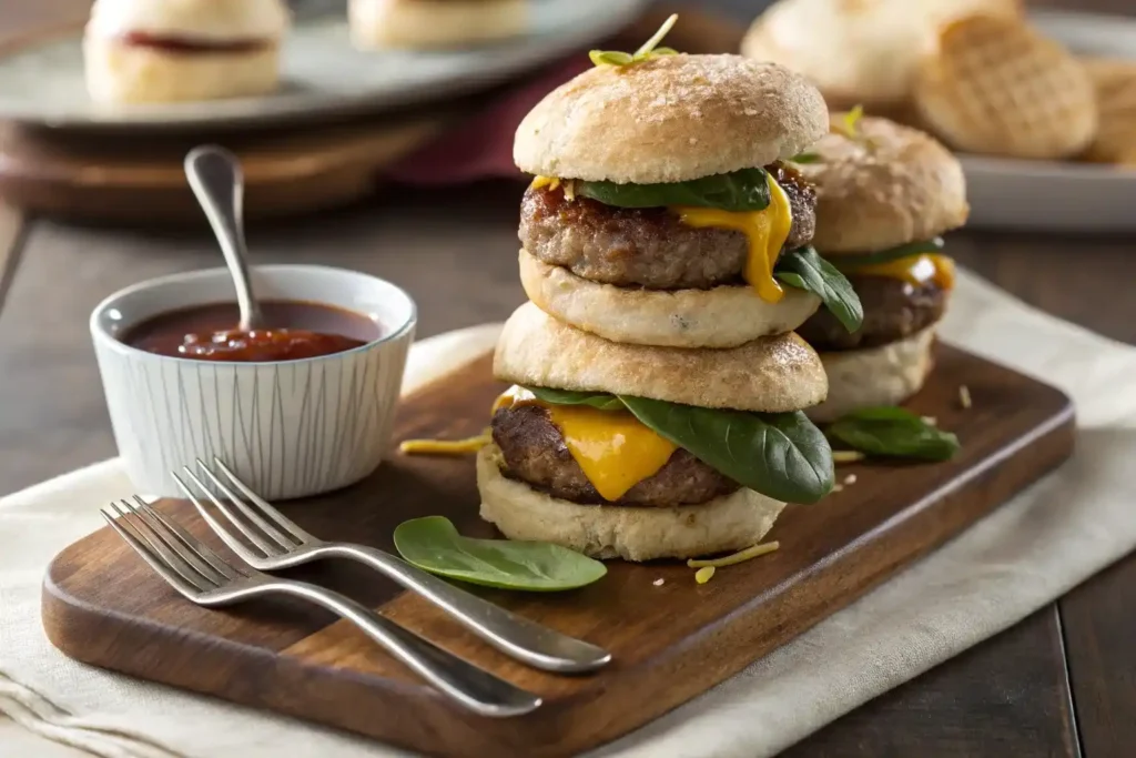 Mini pancake breakfast sliders with juicy beef patties, melted cheese, a drizzle of maple syrup, and fresh spinach, served on a wooden platter