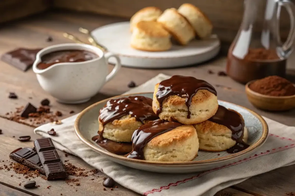 Plate of biscuits topped with rich chocolate gravy on a rustic wooden table.