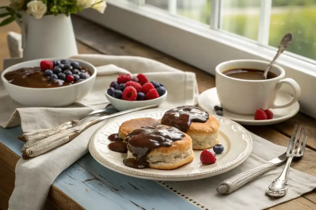 Biscuits with chocolate gravy served with coffee and fresh berries