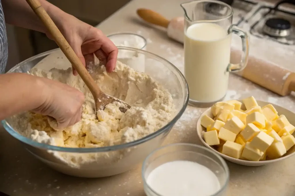 Hands mixing biscuit dough with butter cubes and milk nearby