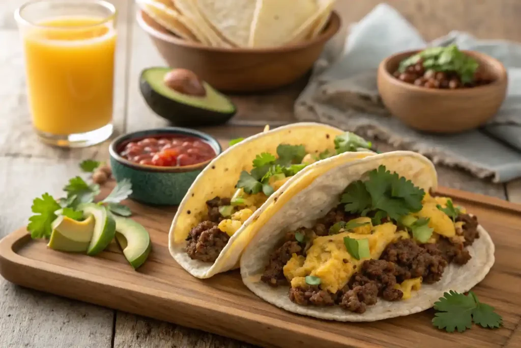 Breakfast tacos filled with seasoned ground beef, scrambled eggs, melted cheddar cheese, and fresh cilantro