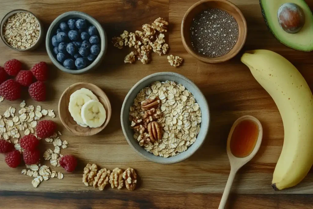 A variety of fresh ingredients for a healthy breakfast bowl, including oats, quinoa, yogurt, fresh fruits, nuts, seeds, and honey, arranged on a wooden countertop