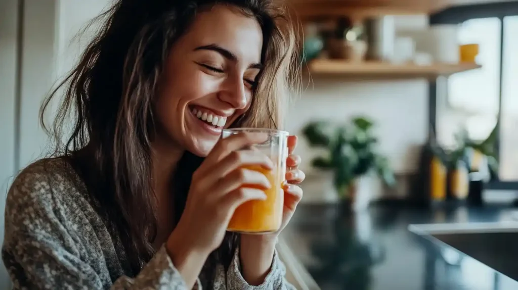 A smiling person drinking a morning shot in a bright kitchen.