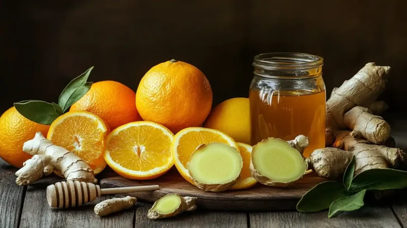Fresh ingredients for a morning shot: oranges, lemons, ginger, turmeric, honey, and apple cider vinegar