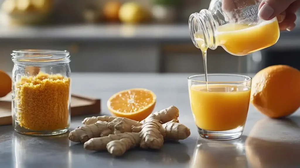 A person pouring orange and lemon juice into a small glass, with grated ginger and turmeric on the side