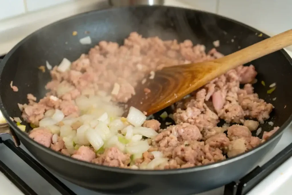 Ground turkey browning in a skillet with garlic and onions, ready for casserole assembly.
