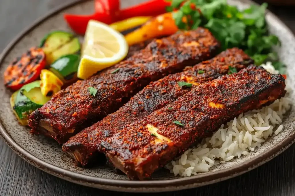 Spicy Cajun boneless beef ribs with a smoky, crispy crust, served with grilled vegetables and Cajun rice.