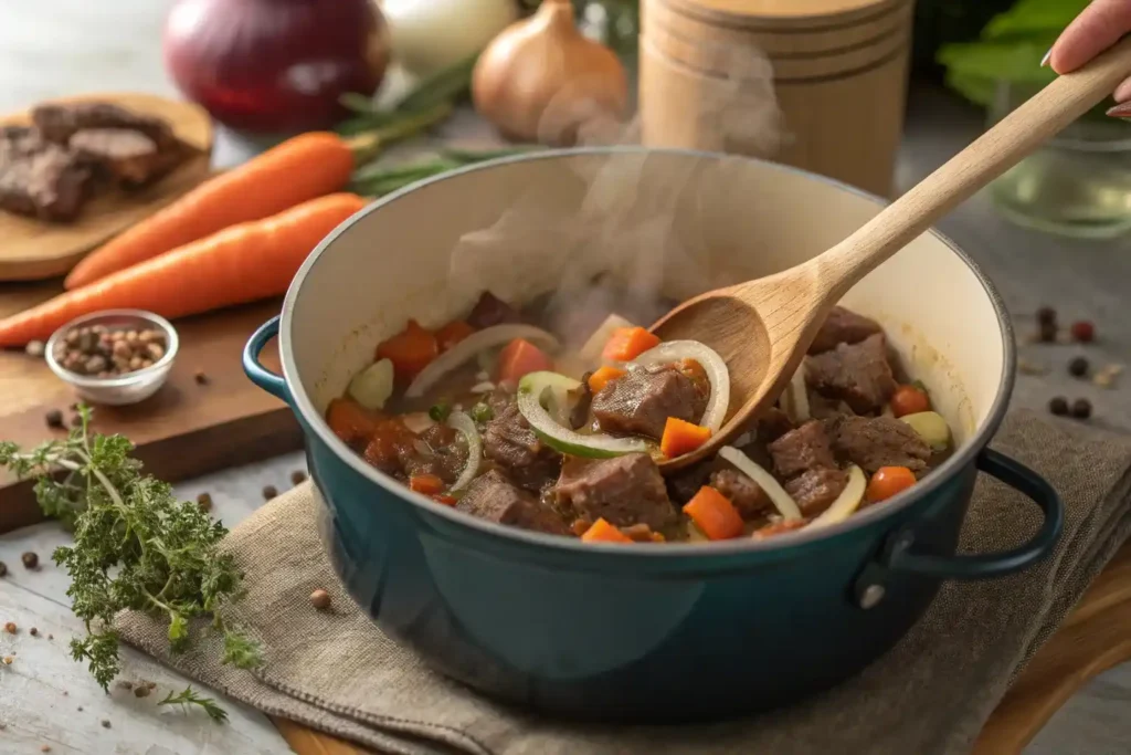 Step-by-step preparation of canned beef stew in a pot with sautéed onions and carrots.