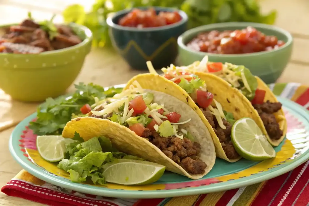 Beef tacos with canned beef, fresh lettuce, salsa, cheese, and lime wedges on a festive table