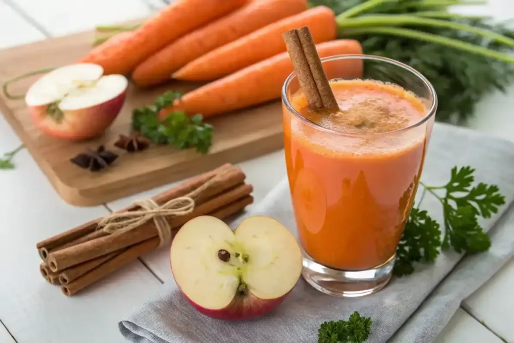 A glass of carrot apple juice garnished with apple slices and cinnamon.