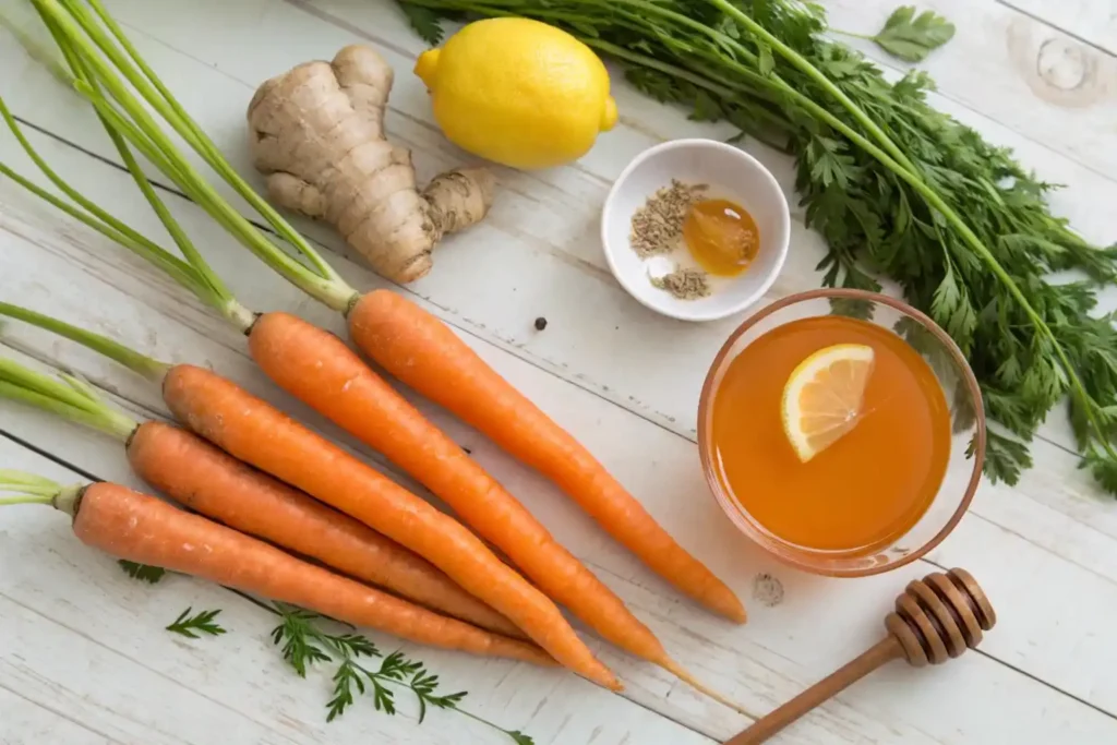 Ingredients for making carrot juice, including carrots, ginger, and lemon