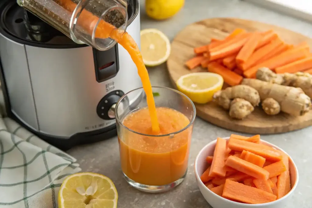 Carrots being juiced into fresh orange juice.