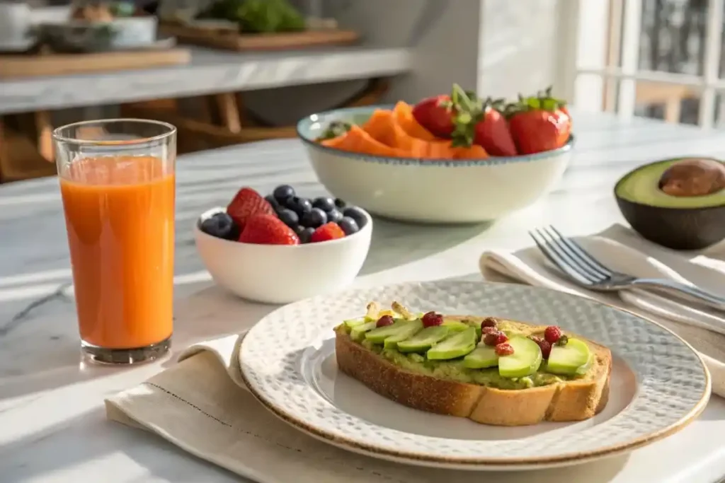 A glass of carrot juice served with a light breakfast