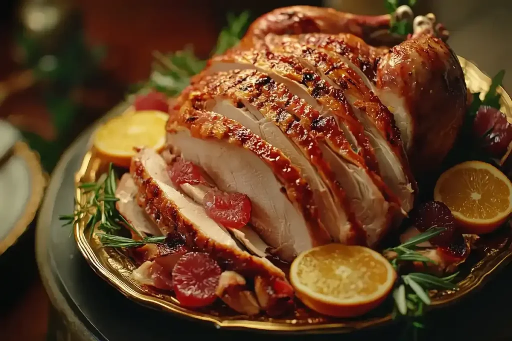 Juicy, freshly carved turkey arranged on a platter with herbs and citrus slices