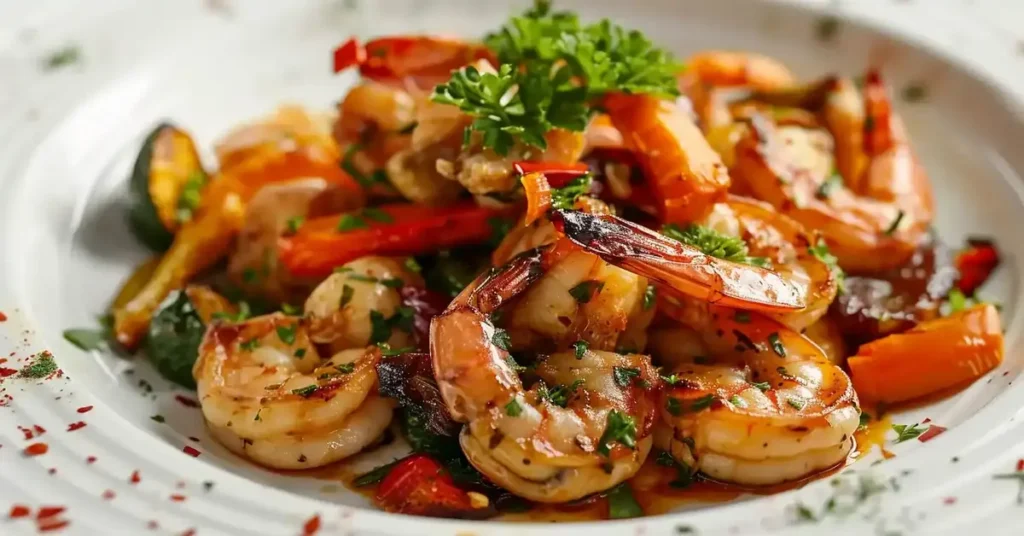 Chicken and shrimp cooking together in a skillet, seasoned with fresh herbs