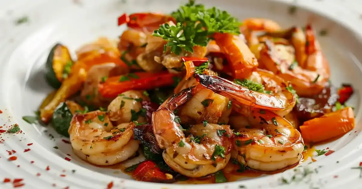 Chicken and shrimp cooking together in a skillet, seasoned with fresh herbs