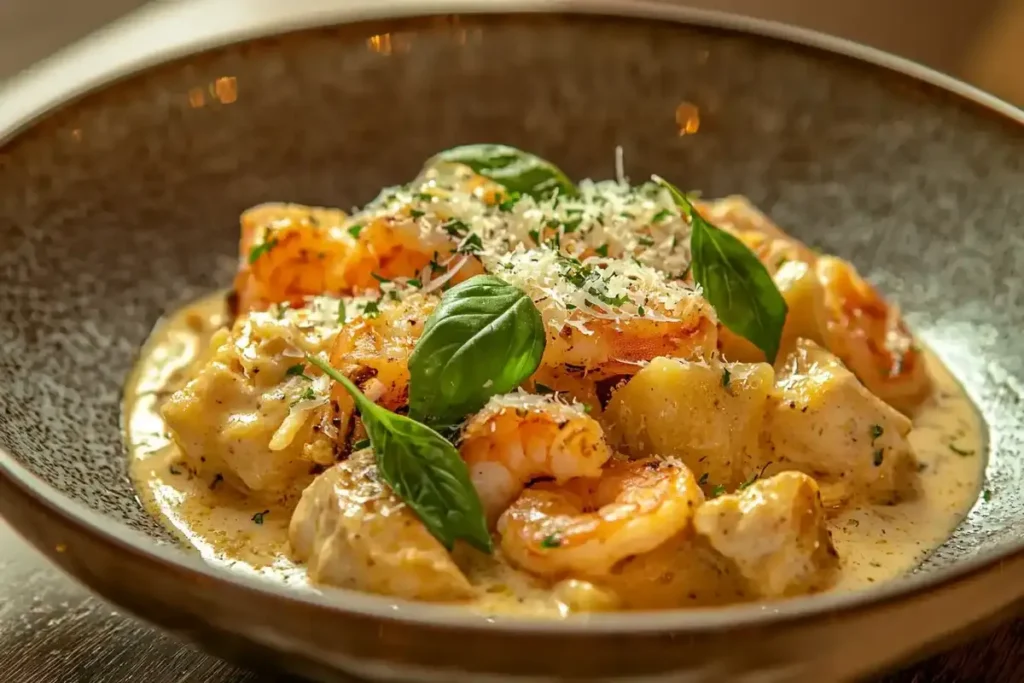 A plate of creamy chicken and shrimp pasta garnished with fresh basil and Parmesan.