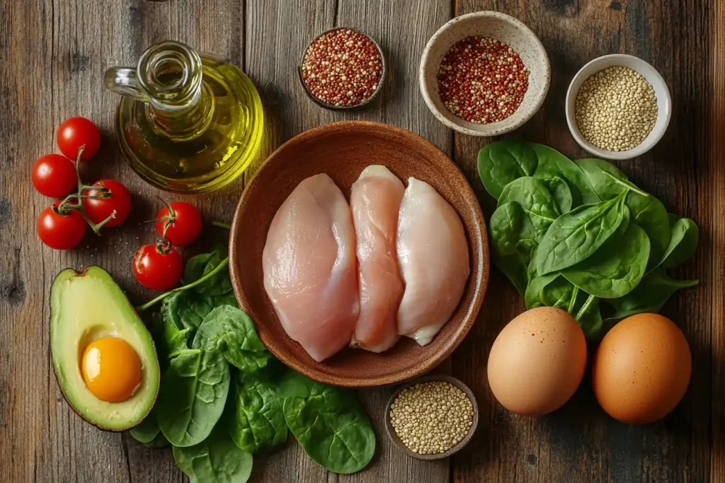 A top-down view of fresh ingredients for a healthy chicken breakfast, including raw chicken breast, eggs, spinach, cherry tomatoes, avocado, quinoa, olive oil, and spices