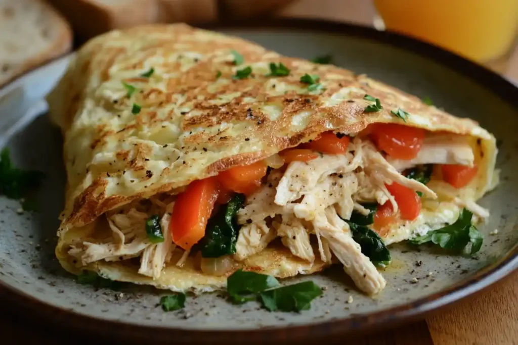 A golden, fluffy omelette filled with shredded chicken, sautéed bell peppers, onions, and spinach, served on a ceramic plate with toast and juice