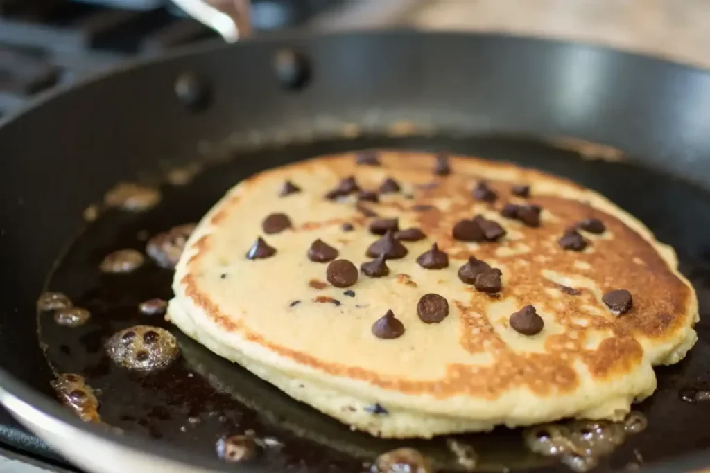 A chocolate chip pancake cooking on a hot black skillet with bubbles forming on the surface