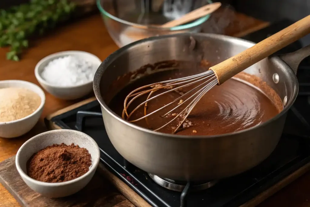 Silky chocolate gravy being whisked in a saucepan on the stove