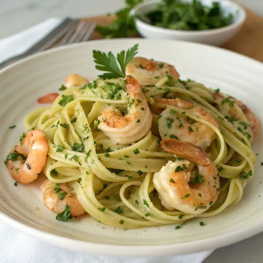 A plate of delicious shrimp pasta with a creamy sauce.
