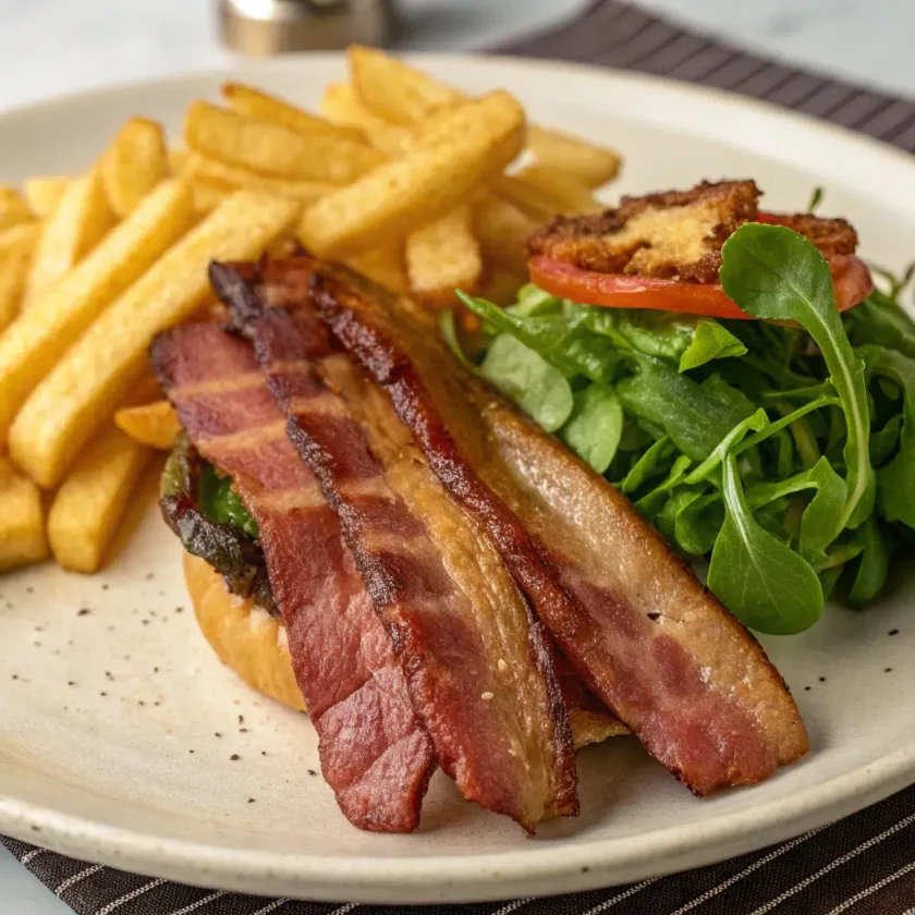 A close-up of cooked, crispy beef bacon on a plate
