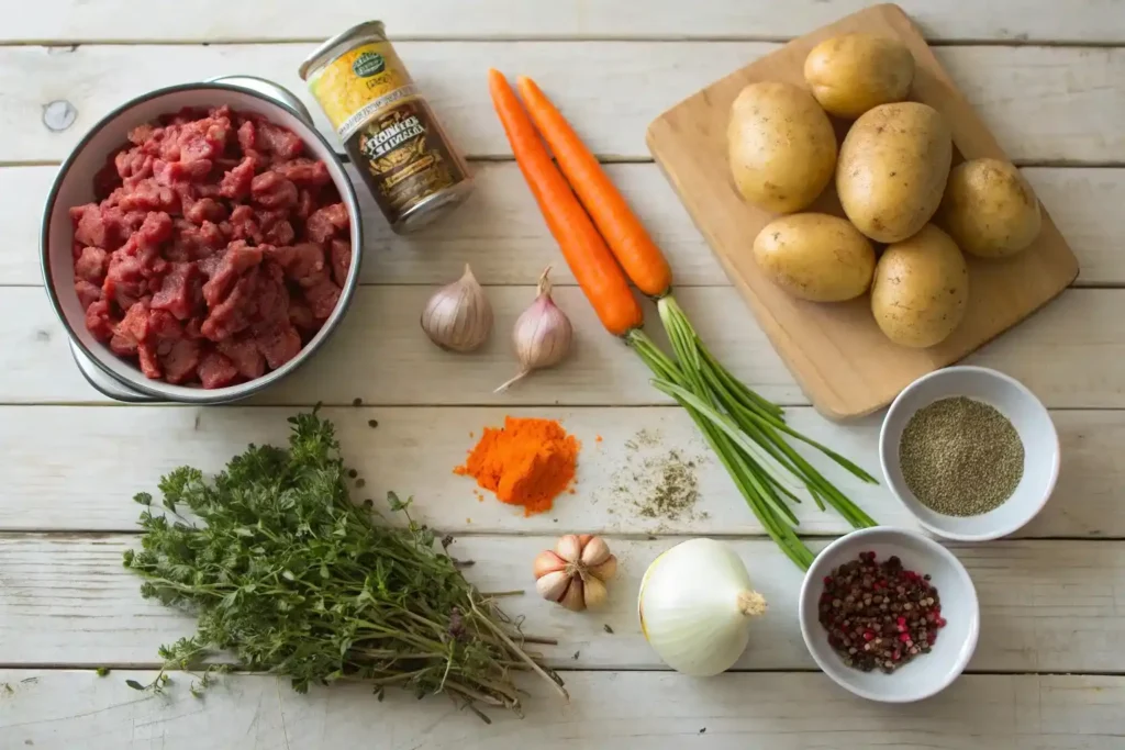 A flat-lay of essential ingredients for canned beef recipes, including fresh produce and seasonings.