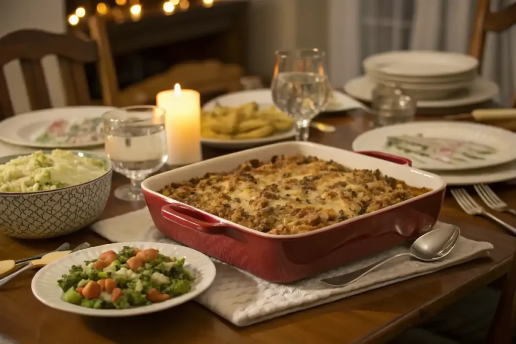 A casserole dish of ground turkey bake on a dining table with serving utensils, surrounded by side dishes