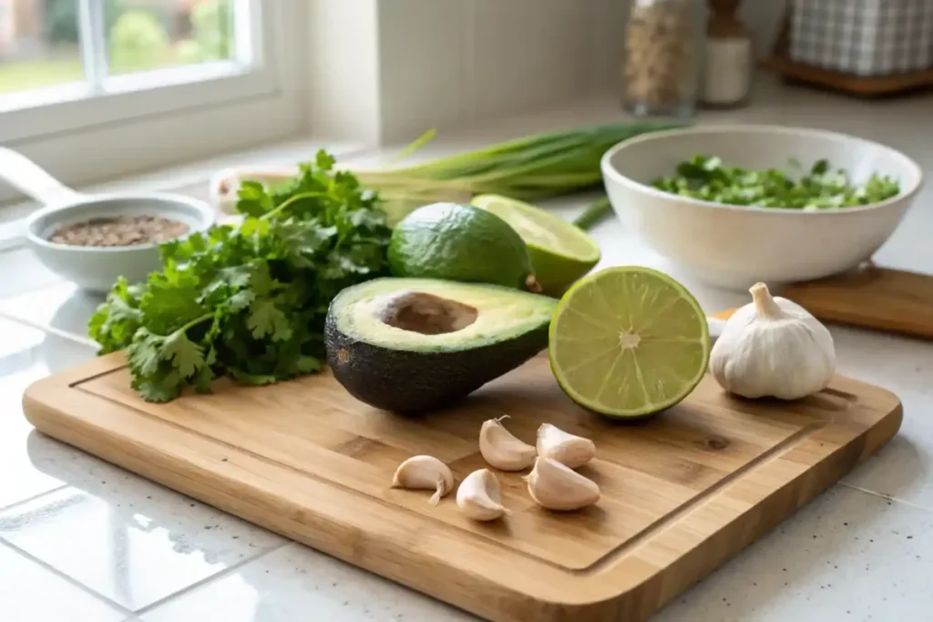 Ripe avocados, lime, garlic, and fresh herbs arranged on a cutting board