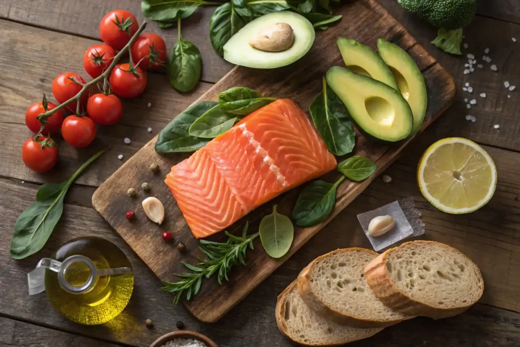 Fresh ingredients for salmon breakfast recipes: salmon, avocado, spinach, cherry tomatoes, lemon, and olive oil