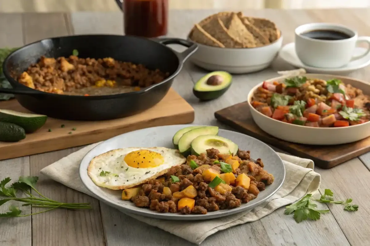 A beautifully styled breakfast table with ground beef dishes, including scrambled eggs, tacos, and sweet potato hash
