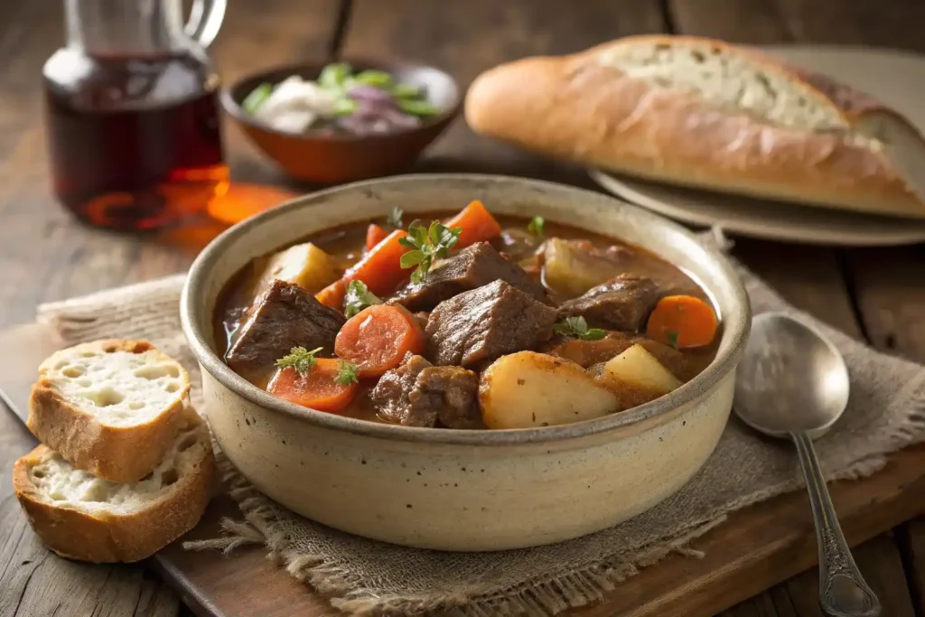 A rustic bowl of hearty canned beef stew with vegetables and bread on a wooden table