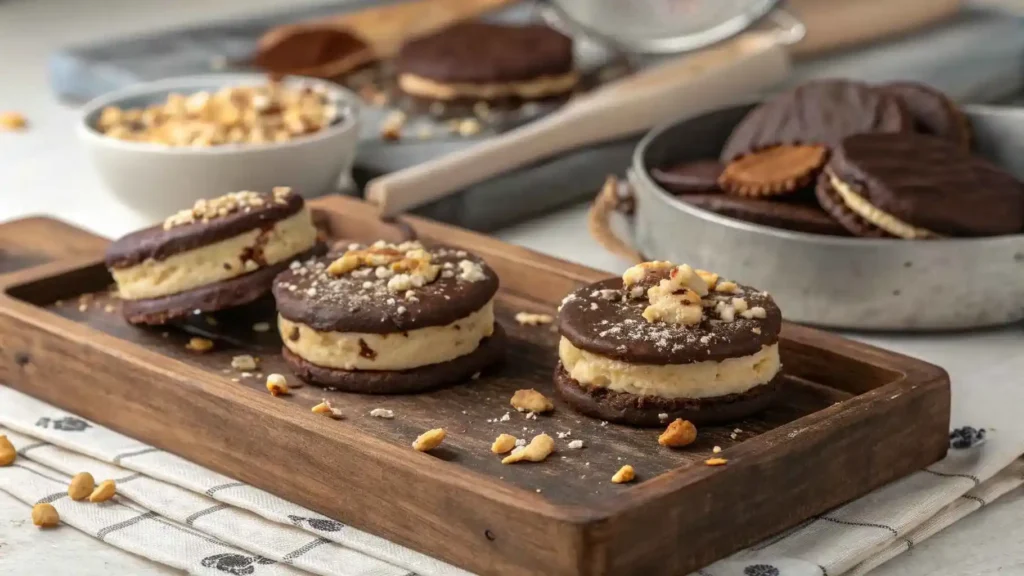 Homemade mini Oreo ice cream sandwiches, some dipped in melted chocolate and topped with crushed hazelnuts
