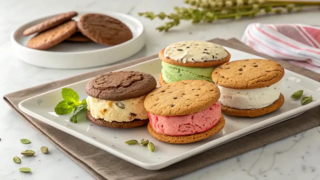 Different variations of ice cream sandwiches, featuring ice creams in flavors like strawberry, chocolate, and pistachio