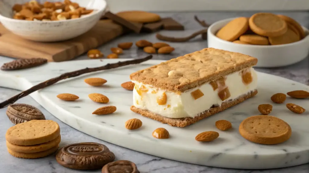 An artisanal ice cream sandwich with caramel chunks, Madagascar vanilla, and a homemade cookie.