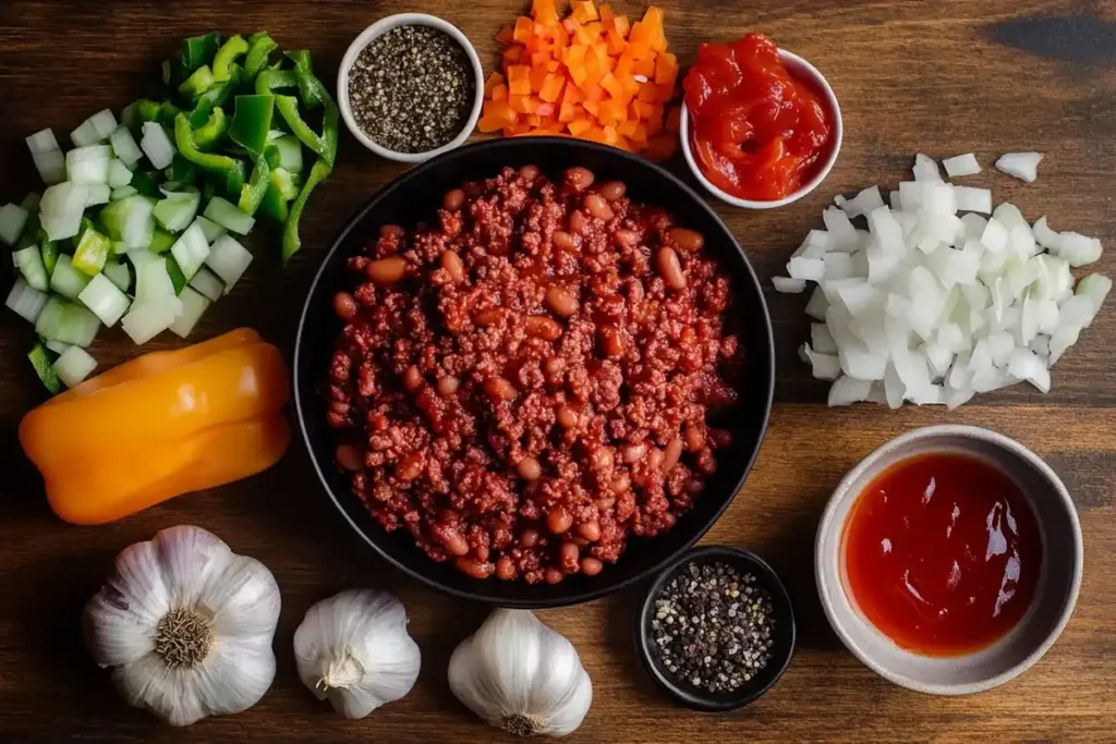 Fresh ingredients for baked beans with ground beef