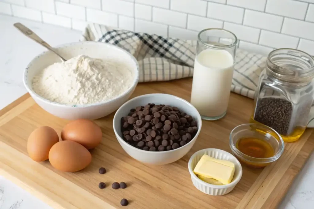 Ingredients for chocolate chip pancakes laid out on a countertop.