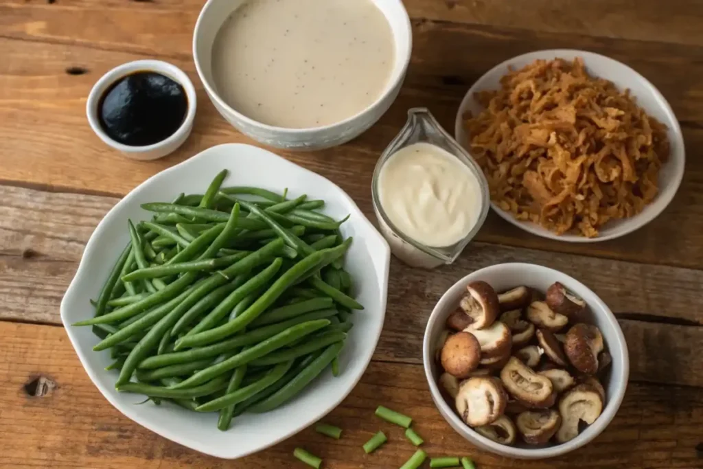 Green bean casserole ingredients, including cans of green beans, Campbell’s Cream of Mushroom Soup, milk, soy sauce, black pepper, and French fried onions, on a wooden table