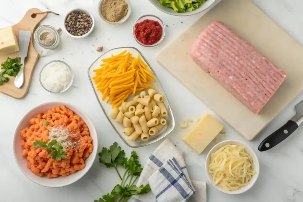Ground turkey, vegetables, pasta, cheese, and seasonings arranged on a countertop for casserole preparation